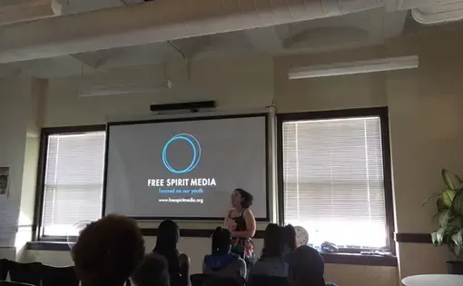 Rebecca Connie, FSM News West Program Coordinator, speaks before the students show their documentaries. Image by Fareed Mostoufi. United States, 2017.