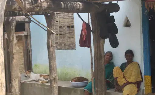 Women from the Naikpod tribe rest at their homes in the forests of Kawal Tiger Sanctuary. Image by Vandana Menon. India, 2019.