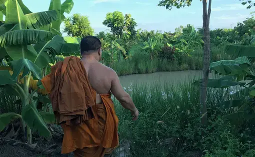 Phrakhu Sangkom Thanapanyo Khunsuri, a Buddhist ecology monk, on his farm in Surin. Image by Kiley Price. Thailand, 2018.
