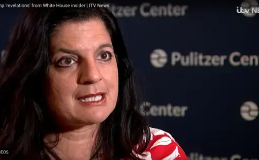Indira Lakshmanan discusses Bob Woodward's book 'Fear' and its impact on the Trump administration. Image courtesy of ITV. Washington, DC, 2018.