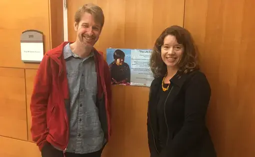 Filmmaker Rob Tinworth and Professor Sara Shipley Hiles at the screening of "The Life Equation" at the Reynolds Journalism Institute at the University of Missouri School of Journalism. Image by Kem Knapp Sawyer, United States, 2017.