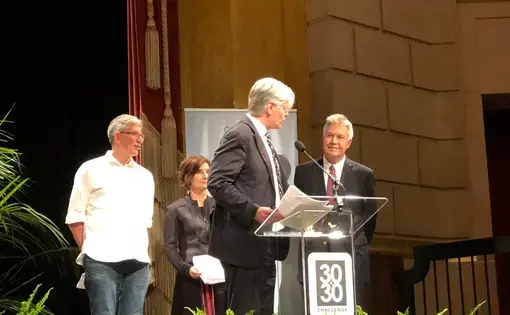 The Rainforest Journalism Fund launch event. At podium: Norway Minister of Climate Ola Elvestuen; right: Pulitzer Center founder and Executive Director Jon Sawyer; left: Amazon advisory board chair Jonathan Watts and board member Eliane Brum. Image by Kem Knapp Sawyer. United States, 2018. 