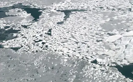In this Feb. 14, 2019, photo, sheets of ice float in Norton Sound near the Native Village of St. Michael, Alaska, population 400. Transportation in the area is limited to air travel. Image by Wong Maye-E. United States, 2019.