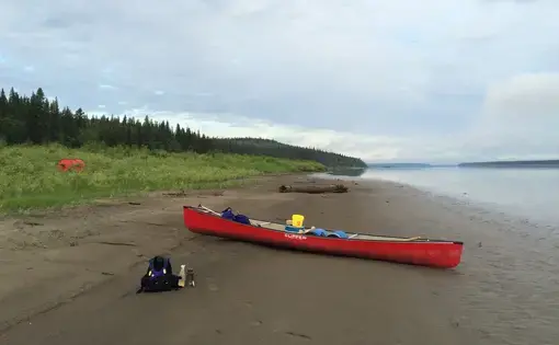 The river bank downstream of Fort Simpson is mostly squishy silt. Image by Brian Castner. Canada, 2016.