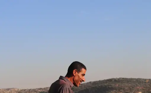 A farmer in Burqin, an agricultural village in the West Bank, stands on what's left of his olive groves. In January 2019, he received an order from the Israeli Civil Administration to uproot half his trees. A few weeks later, the remainder were razed. Image by Carly Graf. West Bank, 2019.