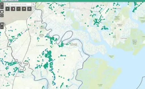 This screen grab of the Welstrom Coastal site shows septic systems as green squares and wells as blue dots. The database is publicly accessible at welstrom.com/coastal/. Screenshot courtesy of Savannah Morning News.