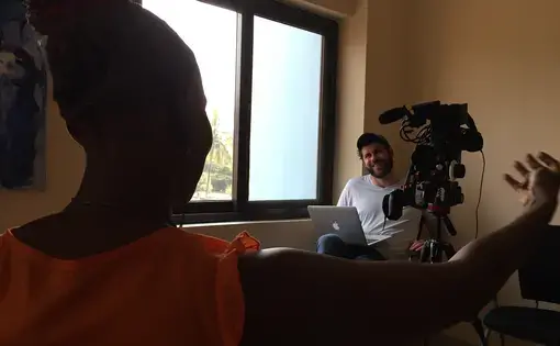 LA Times Beijing Bureau Chief Jonathan Kaiman interviews a subject in Accra. Image by Noah Fowler. Ghana, 2017. LA Times Beijing Bureau Chief Jonathan Kaiman interviews a subject in Accra. Image by Noah Fowler. Ghana, 2017.