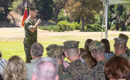 Col. Stephen Keane of the Marines at his change of command ceremony at Camp Pendleton, Calif., in July. Image by Lance Cpl. Drake Nickels / U.S. Marine Corps. United States, 2020.