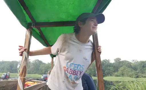 Greta Dargie in the Democratic Republic of the Congo on a survey of peatlands there. Image by Daniel Grossman. Democratic Republic of the Congo, 2019.