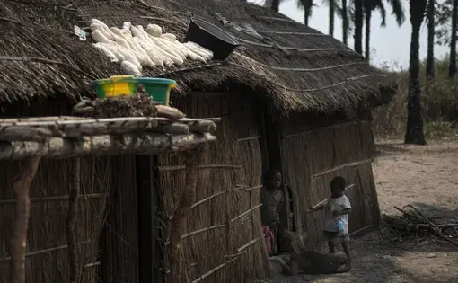 Cassava roots dry on the roof of a house on the outskirts of Kahemba. Image by Neil Brandvold. DRC, 2016.