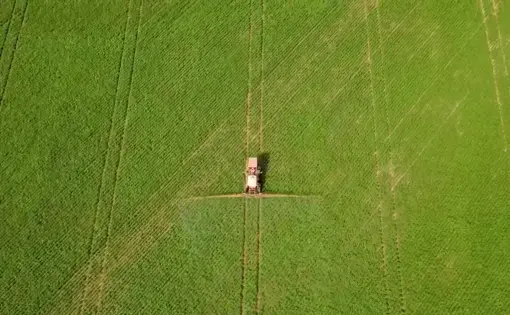 Still from a drone video of a combine driving through soybean fields. Image by Sam Eaton. Brazil, 2018.