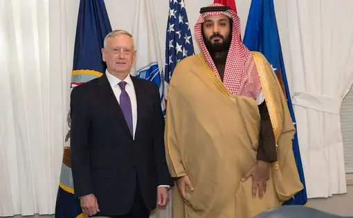 Defense Secretary Jim Mattis stands with Deputy Crown Price of Saudi Arabia and Defense Minister Mohammad bin Salman Al Saud before a bilateral meeting at the Pentagon in Washington, D.C., March 16, 2017. Photo by Army Sgt. Amber I. Smith, Department of Defense. United States, 2017. Defense Secretary Jim Mattis stands with Deputy Crown Price of Saudi Arabia and Defense Minister Mohammad bin Salman Al Saud before a bilateral meeting at the Pentagon in Washington, D.C., March 16, 2017. Photo by Army Sgt. Amber I. Smith, Department of Defense. United States, 2017.