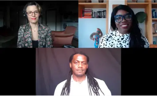 Panelists Dameion Brown, Liz Ogbu, and Sarah Shourd speak during a Zoom webinar. 2020.