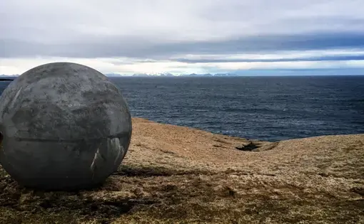 The monument Orbis et Globus overlooks the Greenland Sea from its current location on Grímsey Island in Iceland. Image by Amy Martin. Iceland, 2018.