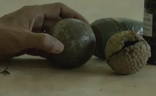 The UXO Lao Province coordinator explains how similar petanque balls and cluster bombs are. Image by Erin McGoff. Laos, 2017.