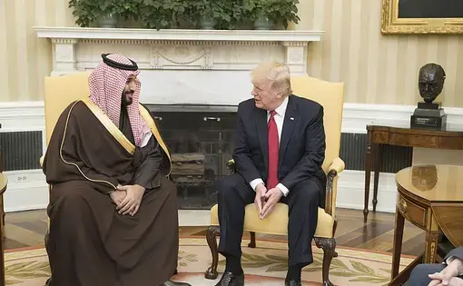 President Donald Trump speaks with Mohammed bin Salman bin Abdulaziz Al Saud, Deputy Crown Prince of Saudi Arabia, during their meeting Tuesday, March 14, 2017, in the Oval Office of the White House in Washington, D.C. Image by Shealah Craighead. US, 2017.