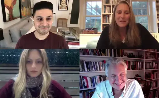 Panelists Catherine Gund, Adnan Khan, and Emily Kassie participate in a virtual panel moderated by Pulitzer Center Executive Director Jon Sawyer. 2020.