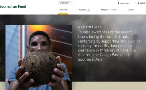 The home page of the new RainforestJournalismFund.org website. Design by Threespot. United States, 2020. 