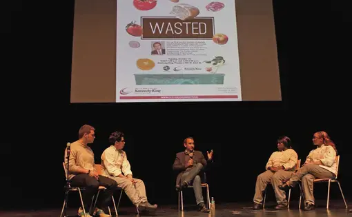 Following a screening of 'Wasted,' Karim Chrobog participates in a Q&amp;A with Kennedy King College culinary and media students Sam Lenzini, Yared Perez, Kira Scott and Kayla Webb. Image by Lauren Shepherd. U.S., 2016.