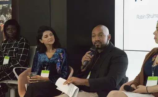 Campus Consortium Coordinator Kayla Sharpe and Voice of America producers Ayesha Gilani Taylor and Randall Taylor on "The Way We Tell Stories." Image by Jin Ding. Washington, DC, 2017.