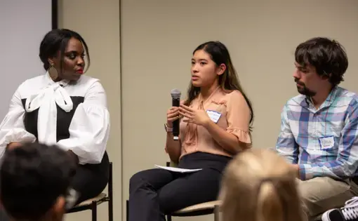 Micah Castelo (Syracuse University) responds to an audience question during the "Migration and Displacement" Q&amp;A session on Day One of Washington Weekend. Castelo is joined onstage by fellow panelists Angelica Ekeke (Berkeley Graduate School of Journalism) and Patrick Ammerman (University of Pennsylvania). Image by Claire Seaton. United States, 2019.