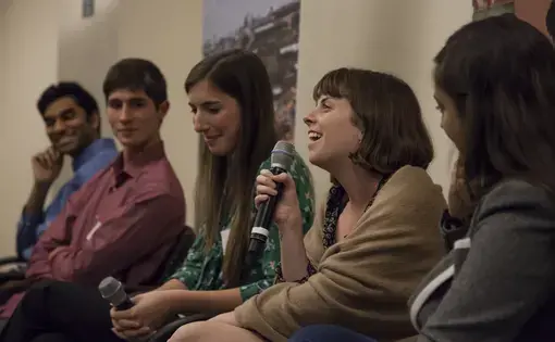 Student fellows Rohan Naik, Tomas Woodall Posada, Kiley Price, Meg Vatterot, and Jacqueline Flynn speak during the "Climate Change and the Environment" panel. Image by Jin Ding. United States, 2018.