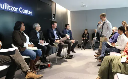 Student fellow Jared Olson asks a question during the "On Pitching" panel. Image by Karena Phan. United States, 2018.