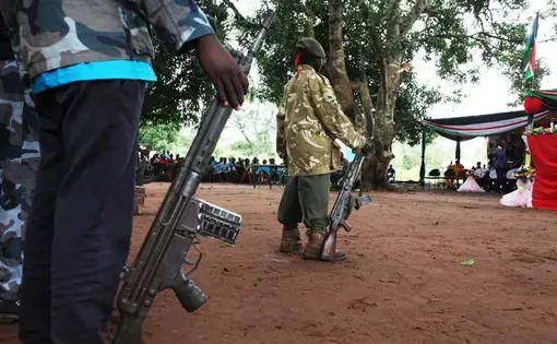 Former child soldiers during the release ceremony, outside Yambio in South Sudan. One hundred twenty-eight children (90 boys and 38 girls) were officially released at this ceremony by two armed groups, bringing the total number released this year to over 900. Image by Andreea Campeanu. South Sudan, 2018.