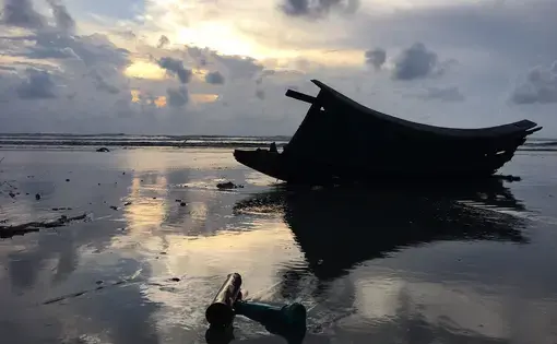 Remnants of a smuggler's boat that capsized in rough seas, drowning at least 23 Rohingya Muslim refugees. September 2017.
