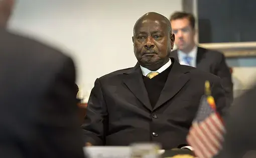 Uganda's President Yoweri Museveni listens as Secretary of Defense Chuck Hagel makes opening comments during a meeting at the Pentagon Image by Glen Fawcett/DoD. United States, 2013.