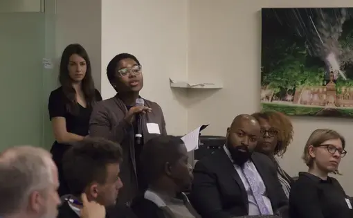 Joy Ikekhua (Spelman College) poses a question to the global health panel. Image by Jin Ding. United States, 2018.