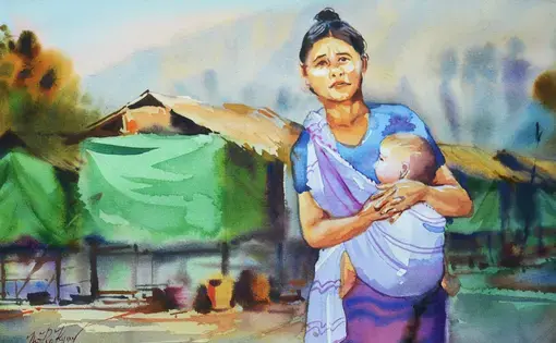 Conflict in Myanmar’s Rakhine State has uprooted some 227,000 people since late 2018. Aid access is restricted in many areas. Illustration by Thu Ra Kyaw / TNH.