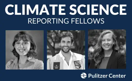 Emery Eisner, an undergraduate at Elon University (left), Agostino Petroni, a graduate of Columbia Graduate School of Journalism (center), and Emma Johnson, a graduate of Yale University's School of the Environment (right), are the winners of the Pulitzer Center's 2021 Climate Science Reporting Fellowships. Graphic by Naomi Andu. United States, 2020.