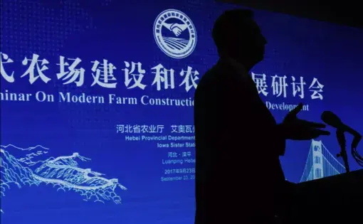 Gary Dvorchak, a Muscatine native who now lives and works in Beijing, China, gives a presentation during a seminar on modern farm construction Saturday, Sept. 23, 2017, in Luanping County, Hebei, China. The seminar was held following the groundbreaking of the China-US Demonstration Farm. Image by Kelsey Kremer. China, 2017.