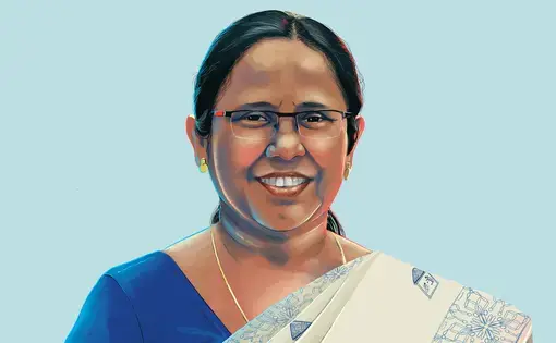 “Until we get a vaccine, all of us will have to sacrifice some pleasures in our lives,” says K. K. Shailaja, health minister of India’s Kerala state. Illustration by Katty Huertas / Science Magazine.&nbsp;​​​​​​​United States, 2020.