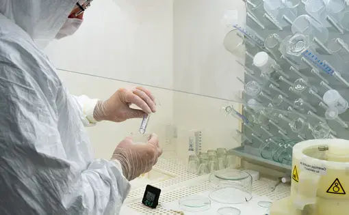 A scientist in a laboratory studying and analyzing samples for vaccines with glass vials. Image by  Michele Ursi / Shutterstock. Lithuania, 2020.
