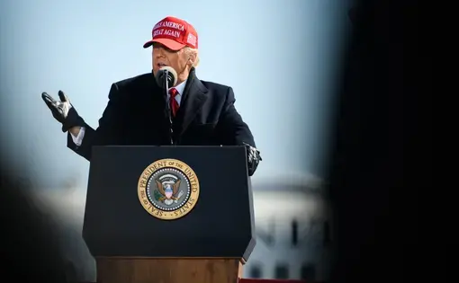 President Donald Trump gives a speech. Image by Stratos Brilakis / Shutterstock. United States, 2020.