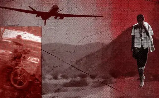 A photo illustration depicting a motorcycle, Yemeni boy and drone in a Yemen landscape. Image by Peter Hamlin from AP Photo Illustration.