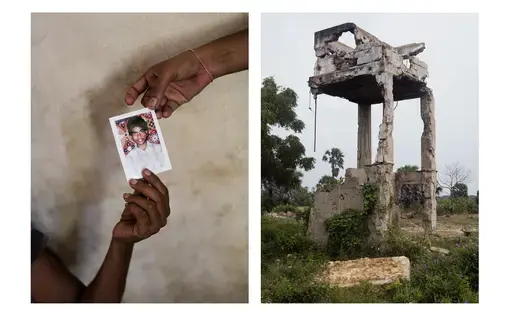 Diptych. Left: Jeyarani Vaiththeeswaran and her daughter hold a photograph of their missing son and brother, Antany. Antany has been missing since 2009 after being captured by the Sri Lankan Army as the family was fleeing air bombardment of their village during the last days of the Civil War. She and her family also lost their land after the Army occupied their fields. Jeyarani now lives in Keppapulavu with the rest of her family in a makeshift home and is forced to work at a peanut farm to make ends meet…