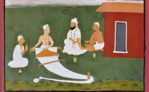 Kabir, second from left, weaves while talking with Namdeva, Raidas and Pipaji. Painting from Jaipur, India, early 19th century. Image courtesy of National Museum New Delhi / Creative Commons.