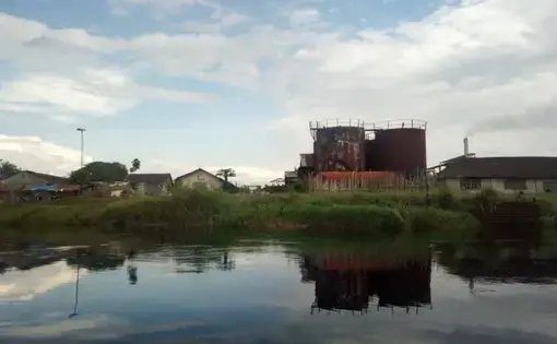 A view from the river of a PHC Boteka factory. Image courtesy of EnviroNews. Democratic Republic of Congo, date unknown.