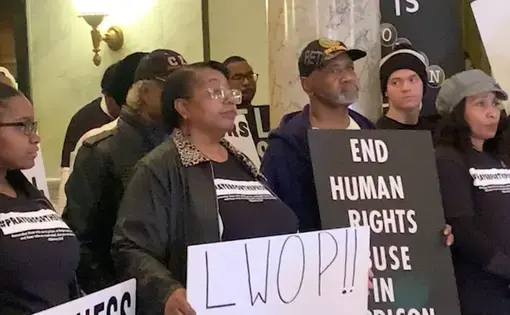 Miss. Sen. John Horne says “we continue to devalue Black lives” with the overwhelming amount of cruel and unusual sentencing happening in Mississippi prisons. Here, concerned citizens unite and protest to bring awareness to those sentenced unfairly to life without parole. Image courtesy of Asia Allen/MCIR.