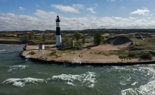 A new seawall protects the Big Sable Point Lighthouse at Ludington State Park in Ludington, Michigan, on Sept. 30, 2020. Image by Zbigniew Bzdak/Chicago Tribune. United States, 2020.