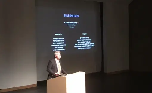 Jon Sawyer speaking on the launch of NewsArts in the auditorium at Southeastern Center for Contemporary Art (SECCA). Image by Fareed Mostoufi. United States, 2016.