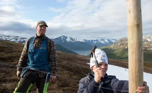 Sámi reindeer herder Reiulf Aleksandersen and his son build a fence for gathering their herd on Ruksesvárri, or Red Mountain, in northern Norway. Image by Amy Martin. Norway, 2017.