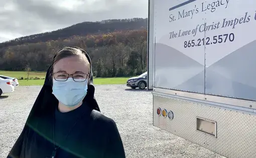 Sister Mary Lisa Renfer, director of the St. Mary's Legacy Clinic, at Crab Orchard Christian Church in rural East Tennessee. Image by Bob Smietana/Religion News Service. United States, 2020.