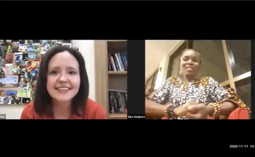 Moderator and University of Wisconsin-Madison professor Lindsay Palmer in conversation with Pulitzer Center grantee Ejiro Umukoro. Image courtesy of the Pulitzer Center. 2020.