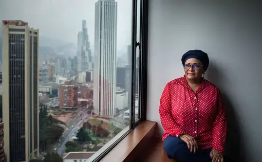 Former FARC-fighter and current Colombian Senator Victoria Sandino poses for a portrait in downtown Bogota, Colombia. The Colombian peace deal signed two years ago has paved the way for ex-rebels like Sandino to take up seats in Congress. Image by Fabio Cuttica. Colombia, 2018.