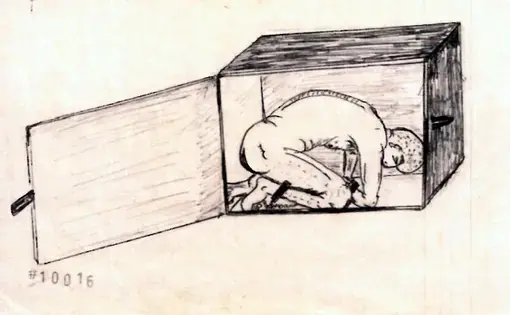 An image drawn by Abu Zubaydah, a prisoner at Guantánamo Bay, shows how the C.I.A. applied an approved torture technique called “cramped confinement.” Image by Abu Zubaydah, courtesy of Mark P. Denbeaux.