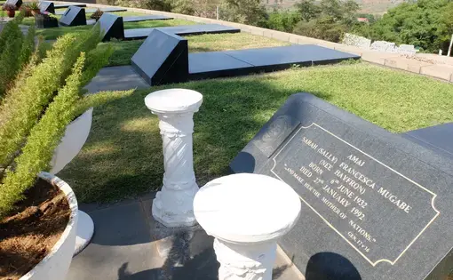 This is the grave of Sally Mugabe, Robert Mugabe's first wife, in Heroes Acre on the edge of Harare. Intriguingly there are two empty graves right next to it. The first will presumably be occupied by Mugabe himself when he dies. But who will claim the second? Image by Martin Fletcher. Zimbabwe, 2016.